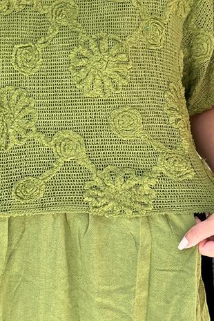 %100 Pamuk Çiçek Kabartmalı File Detaylı Elbise Çimen Yeşili