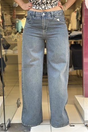 %100 Pamuk Düşük Bel Baggy Kot Pantolon Koyu İndigo