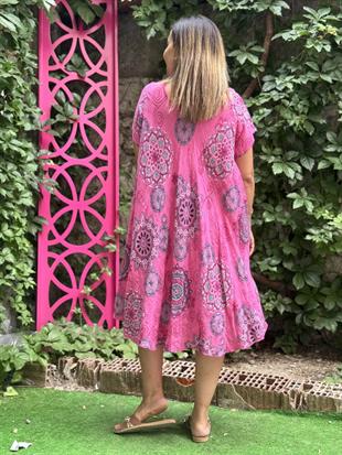 %100 Pamuk Etnik Desenli İthal Elbise Pembe