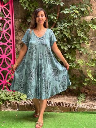 %100 Pamuk Etnik Desenli İthal Elbise Su Yeşili