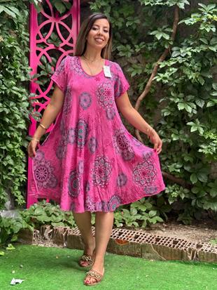 %100 Pamuk Etnik Desenli İthal Elbise Pembe