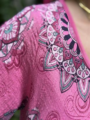 %100 Pamuk Etnik Desenli İthal Elbise Pembe