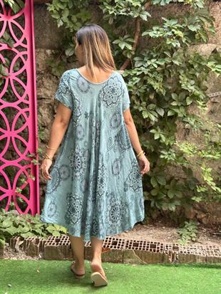 %100 Pamuk Etnik Desenli İthal Elbise Su Yeşili