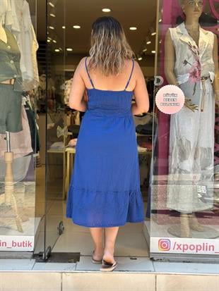 %100 Pamuk Fistolu İp Askılı Elbise Mavi