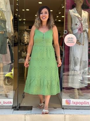 %100 Pamuk Fistolu İp Askılı Elbise Yeşil