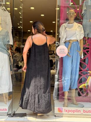 %100 Pamuk İşlemeli Sim Detaylı Askılı İthal Elbise Siyah