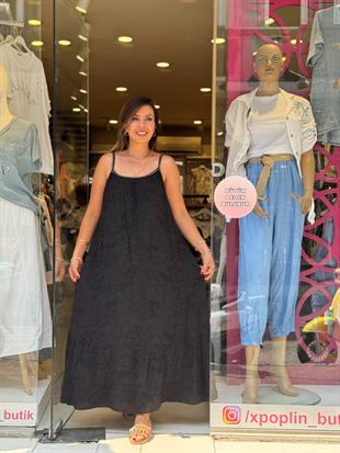 %100 Pamuk İşlemeli Sim Detaylı Askılı İthal Elbise Siyah