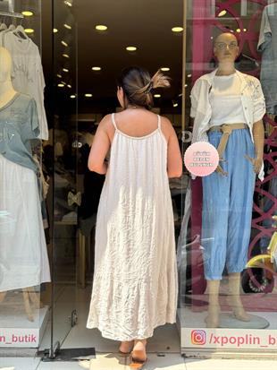 %100 Pamuk İşlemeli Sim Detaylı Askılı İthal Elbise Krem