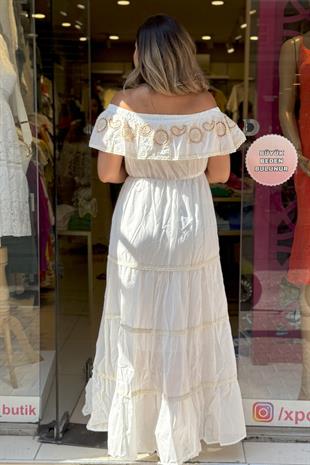 %100 Pamuk Kayık Yaka Fisto Detaylı İthal Tasarım Elbise Beyaz