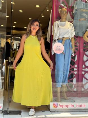 %100 Pamuk Keten Halter Yaka Elbise Sarı