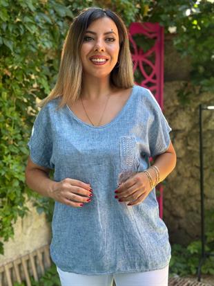 %100 Pamuk Keten İthal Bluz Mavi