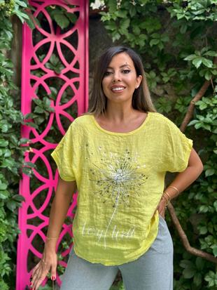 %100 Pamuk Keten Omuz Detaylı İthal Bluz Sarı