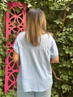 %100 Pamuk Keten Omuz Detaylı İthal Bluz Bebe Mavisi