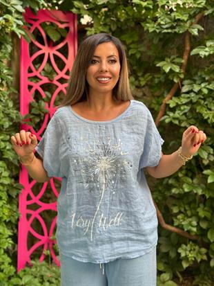 %100 Pamuk Keten Omuz Detaylı İthal Bluz Bebe Mavisi