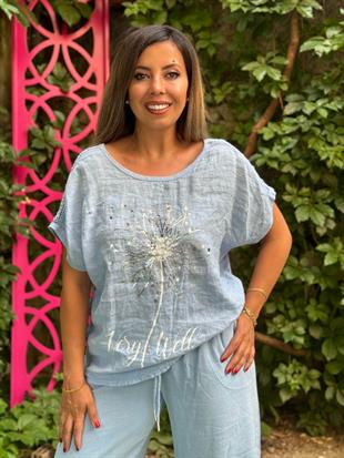 %100 Pamuk Keten Omuz Detaylı İthal Bluz Bebe Mavisi