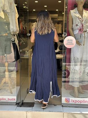 %100 Pamuk Önü Fırfır Detaylı Kolsuz Elbise Lacivert
