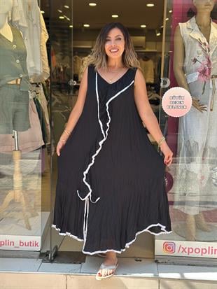 %100 Pamuk Önü Fırfır Detaylı Kolsuz Elbise Siyah
