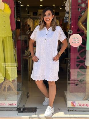 %100 Pamuk Polo Yaka Fistolu Elbise Beyaz
