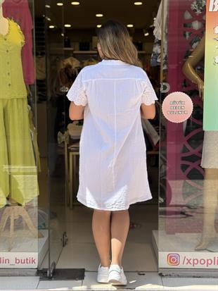 %100 Pamuk Polo Yaka Fistolu Elbise Beyaz