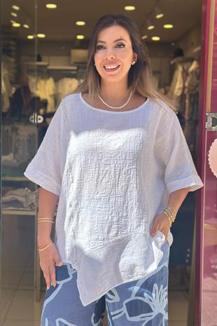 %100 Pamuk Sim Detaylı Asimetrik Kesim Bluz