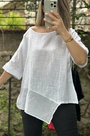 %100 Pamuk Sim Detaylı Asimetrik Kesim Bluz