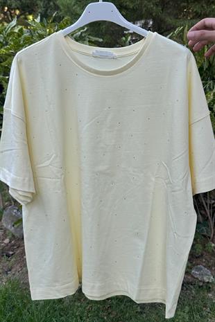 %100 Pamuk Taş Yapıştırmalı Kısa Kollu T-shirt Sarı