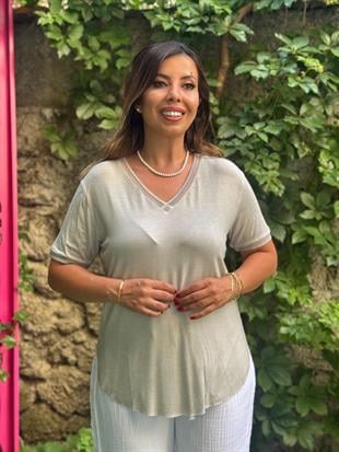 %100 Pamuk V Yaka T-shirt Gri