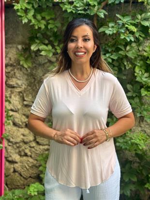 %100 Pamuk V Yaka T-shirt Pudra