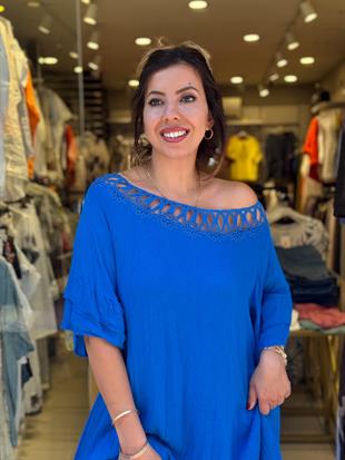 %100 Pamuk Yaka Detaylı Elbise Mavi