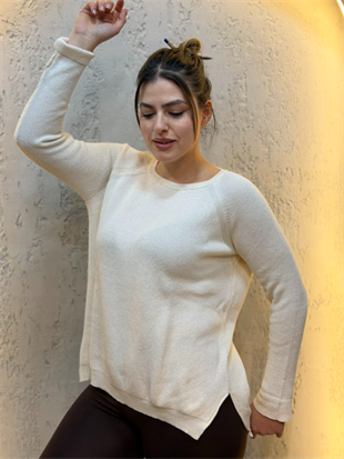 %100 Pamuk Yırtmaç Detaylı Kol Katlamalı Triko Bluz Ekru