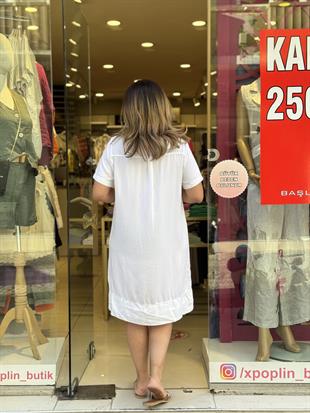 %100 Tensel Kısa Kollu Elbise Beyaz