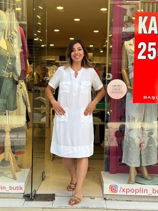 %100 Tensel Kısa Kollu Elbise Beyaz