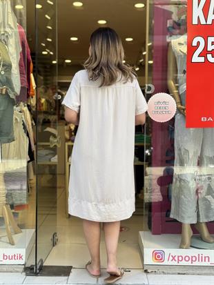 %100 Tensel Kısa Kollu Elbise Krem