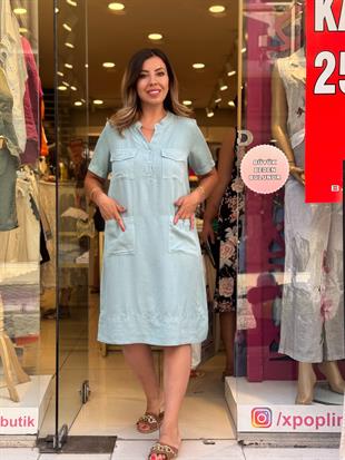 %100 Tensel Kısa Kollu Elbise Su Yeşili