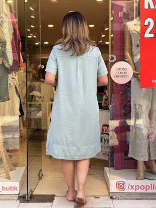 %100 Tensel Kısa Kollu Elbise Su Yeşili
