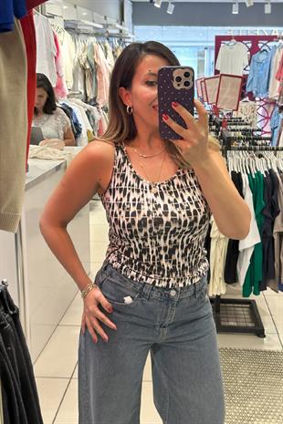 %100 Viskon Leopar Şerit Desenli Atlet 