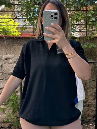 Ajur Detaylı Merserize Bluz Siyah