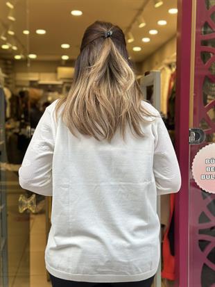 Ajur Detaylı Merserize Triko Uzun Kollu Polo Yaka Bluz Beyaz
