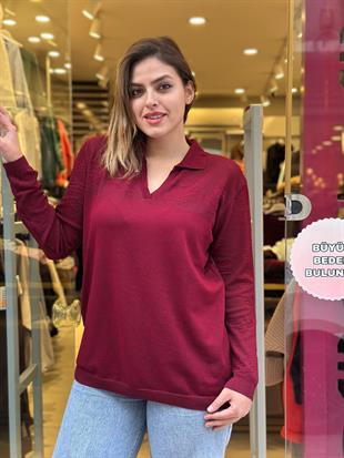 Ajur Detaylı Merserize Triko Uzun Kollu Polo Yaka Bluz Bordo
