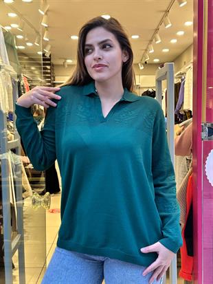 Ajur Detaylı Merserize Triko Uzun Kollu Polo Yaka Bluz Yeşil