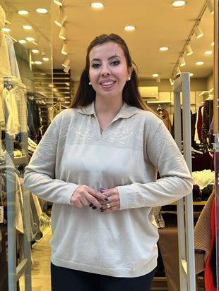 Ajur Detaylı Merserize Triko Uzun Kollu Polo Yaka Bluz Krem