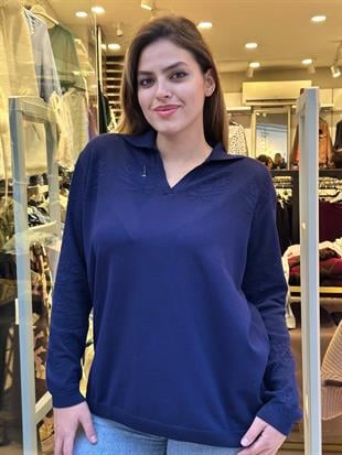 Ajur Detaylı Merserize Triko Uzun Kollu Polo Yaka Bluz Lacivert