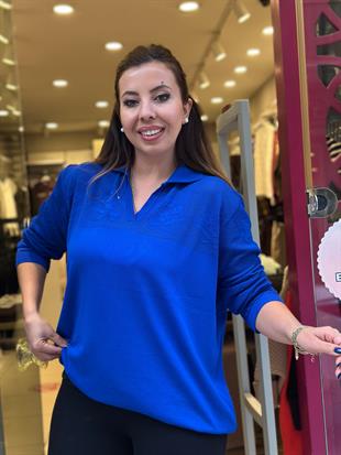 Ajur Detaylı Merserize Triko Uzun Kollu Polo Yaka Bluz Saks Mavi