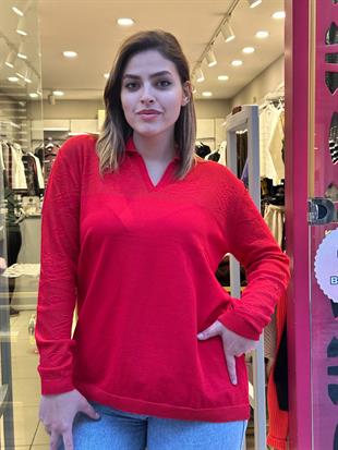 Ajur Detaylı Merserize Triko Uzun Kollu Polo Yaka Bluz Kırmızı