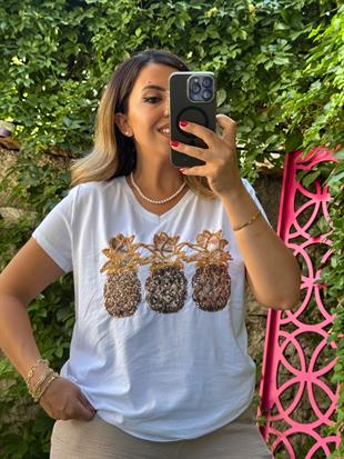Ananas Desenli Payetli T-shirt