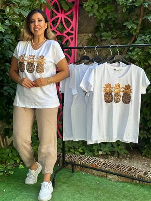 Ananas Desenli Payetli T-shirt