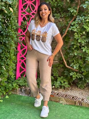 Ananas Desenli Payetli T-shirt