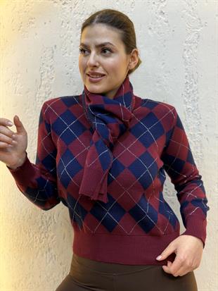 Atkı Hediyeli Sim Detay Baklava Desenli Triko Bordo Lacivert