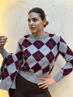 Atkı Hediyeli Sim Detay Baklava Desenli Triko Bordo Gri