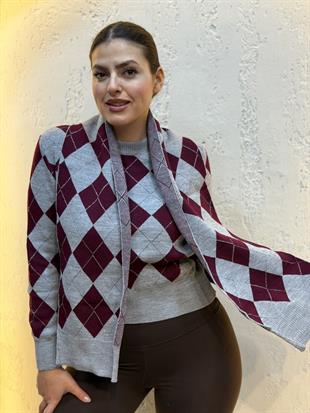 Atkı Hediyeli Sim Detay Baklava Desenli Triko Bordo Gri